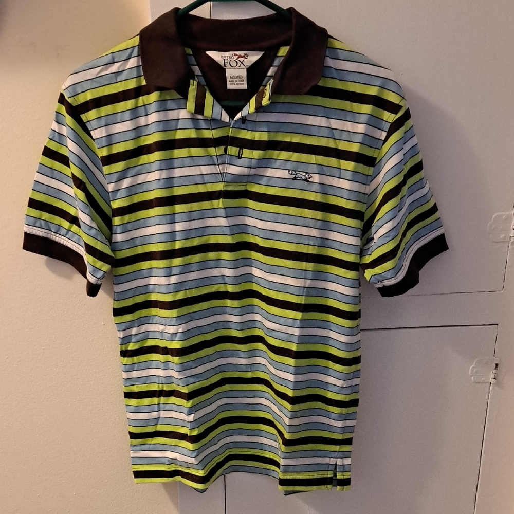 Boy's M (10-12) Retro Fox Colorful Striped Polo Shirt with Embroidered Detail